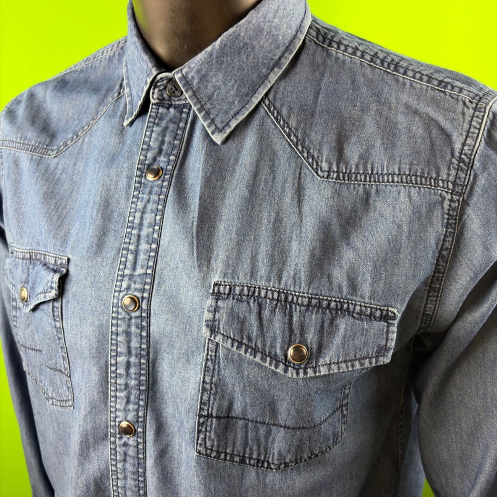 Coastal Mens L Blue Chambray Denim Western Pearl Snap Shirt 100% Cotton Cowboy